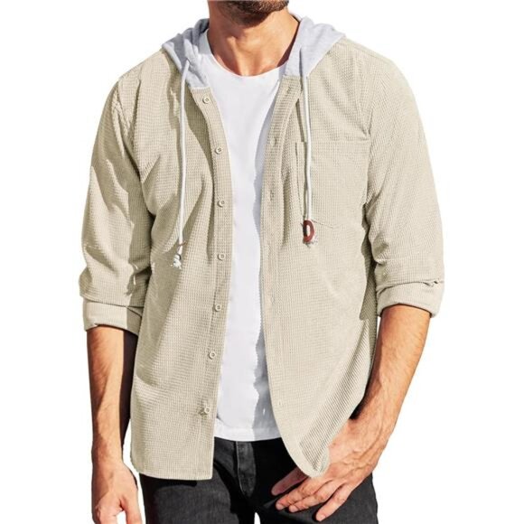 Men's Corduroy Shirt Hoody Long Sleeve‎ Button Down Casual Stylish Jacket - Picture 2 of 5